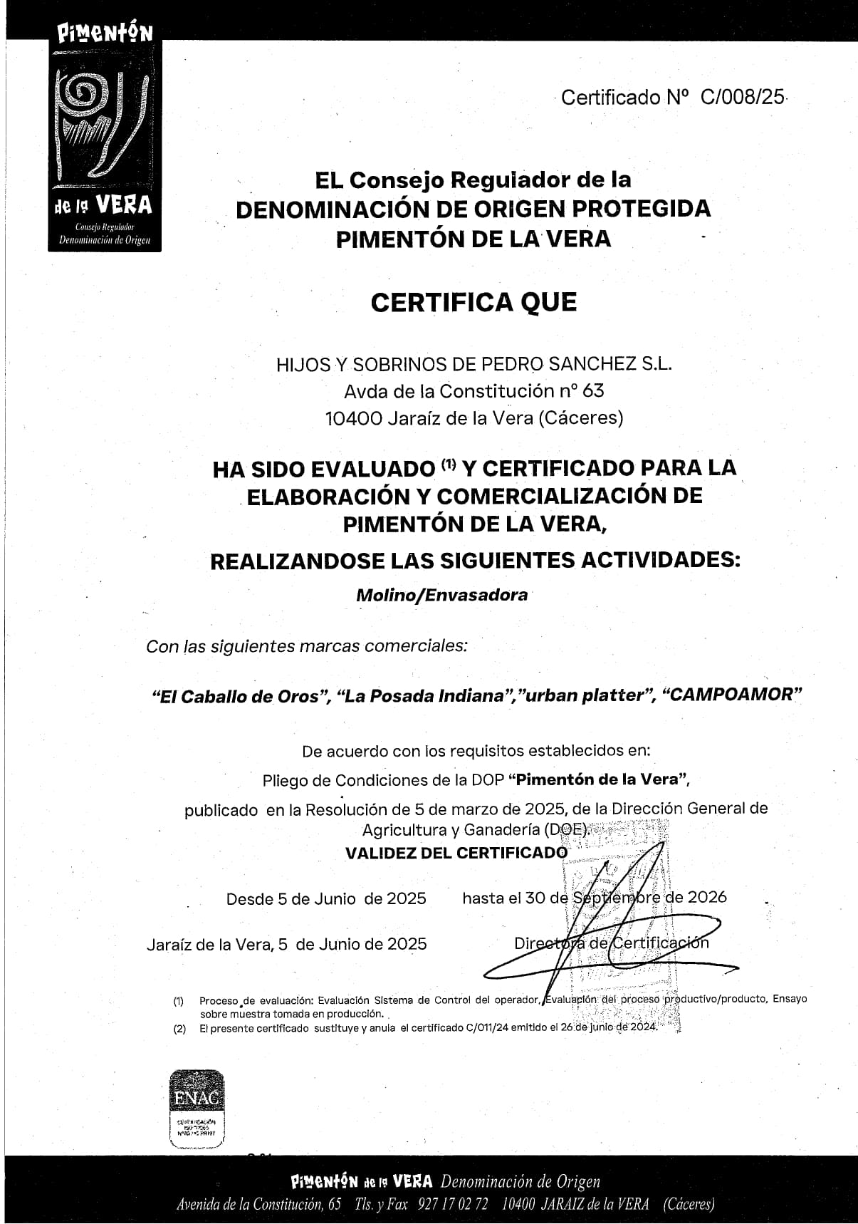 certificado denominación de origen pimentón de la vera